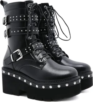 Womens Platform Boots Round Toe Chunky Ankle Boots Punk Boots Lace Up&Zipper Combat Boots
