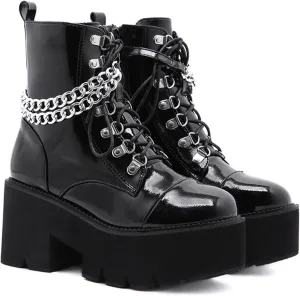 Womens Platform Boots Round Toe Chunky Ankle Boots Punk Boots Lace Up&Zipper Combat Boots