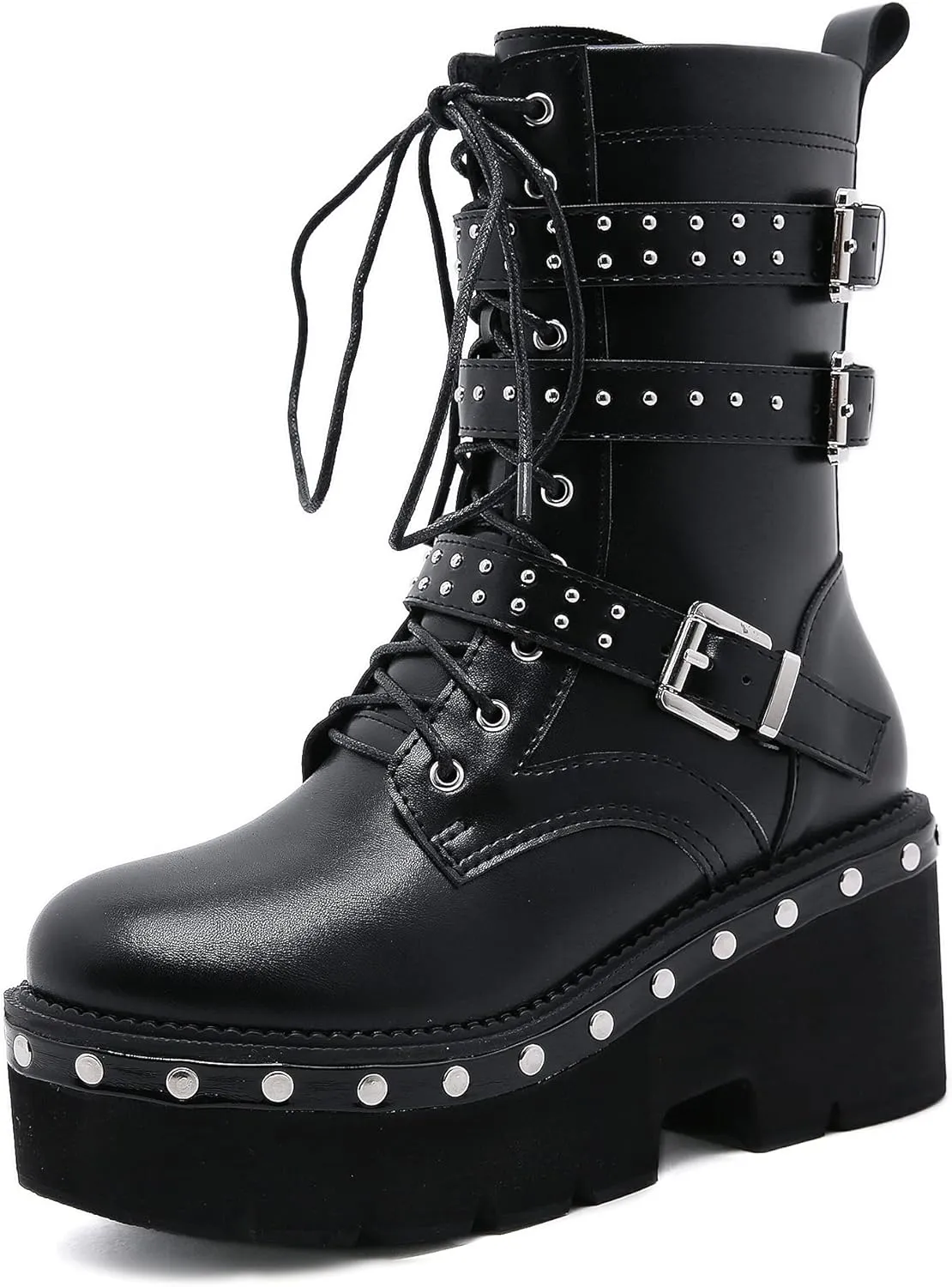 Womens Platform Boots Round Toe Chunky Ankle Boots Punk Boots Lace Up&Zipper Combat Boots