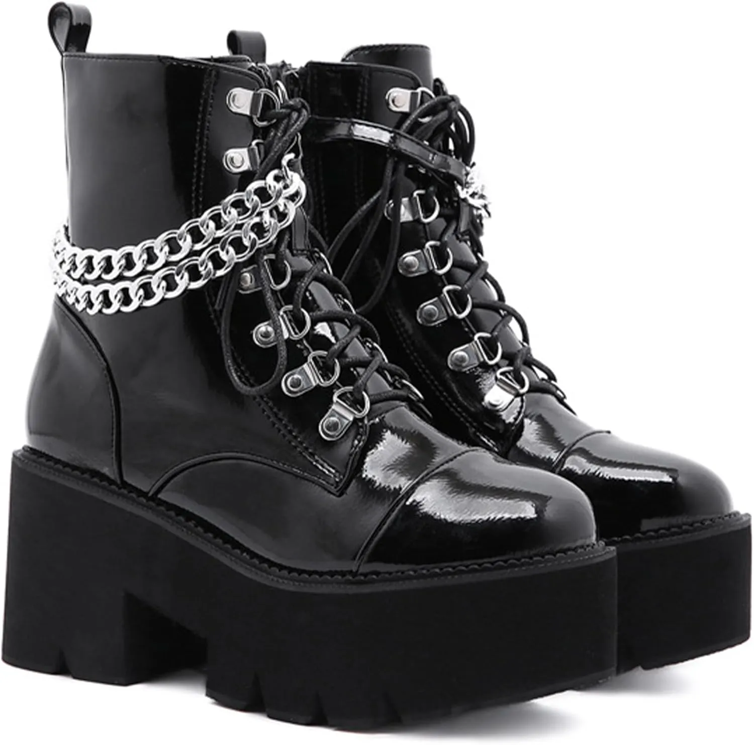 Womens Platform Boots Round Toe Chunky Ankle Boots Punk Boots Lace Up&Zipper Combat Boots