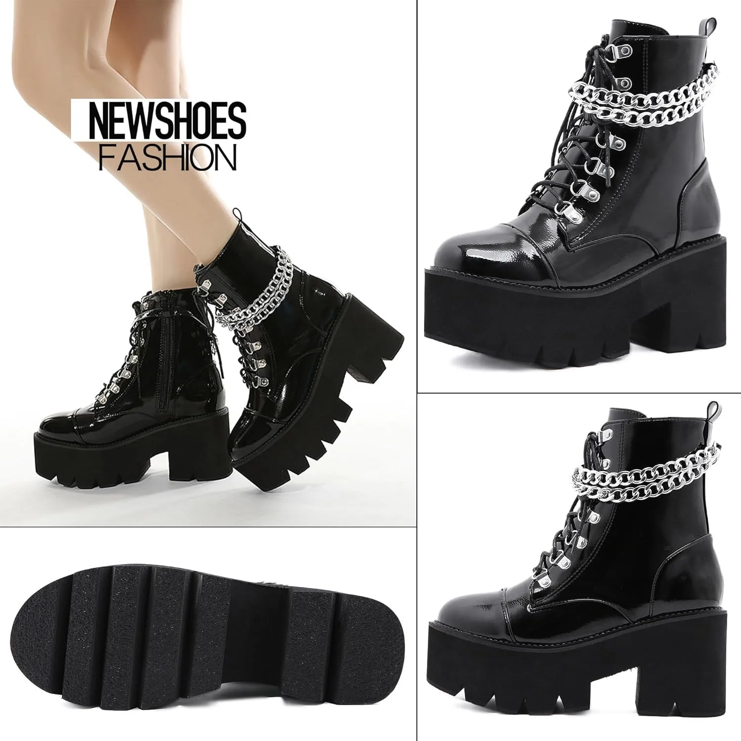 Womens Platform Boots Round Toe Chunky Ankle Boots Punk Boots Lace Up&Zipper Combat Boots