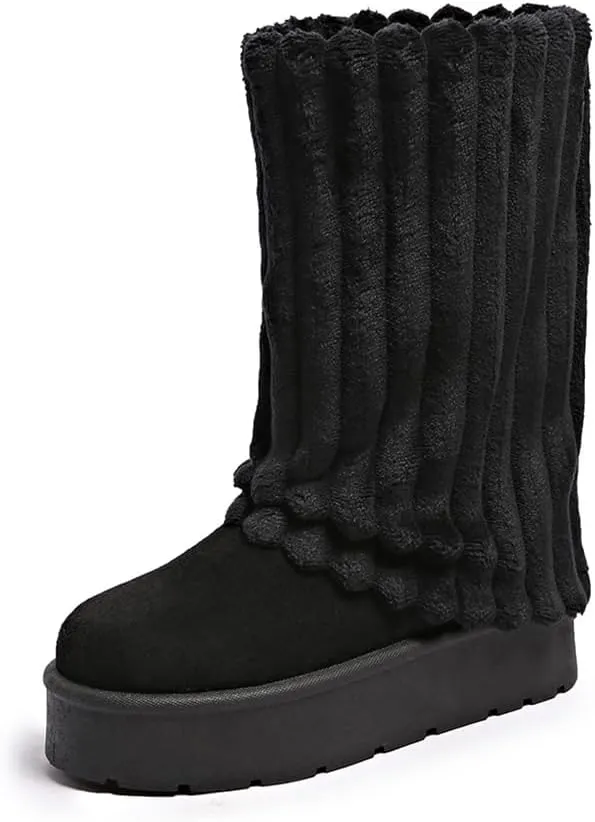 Women's Platform Fur Boots, Fuzzy Fleece Lined Ankle Booties, Anti-Slip