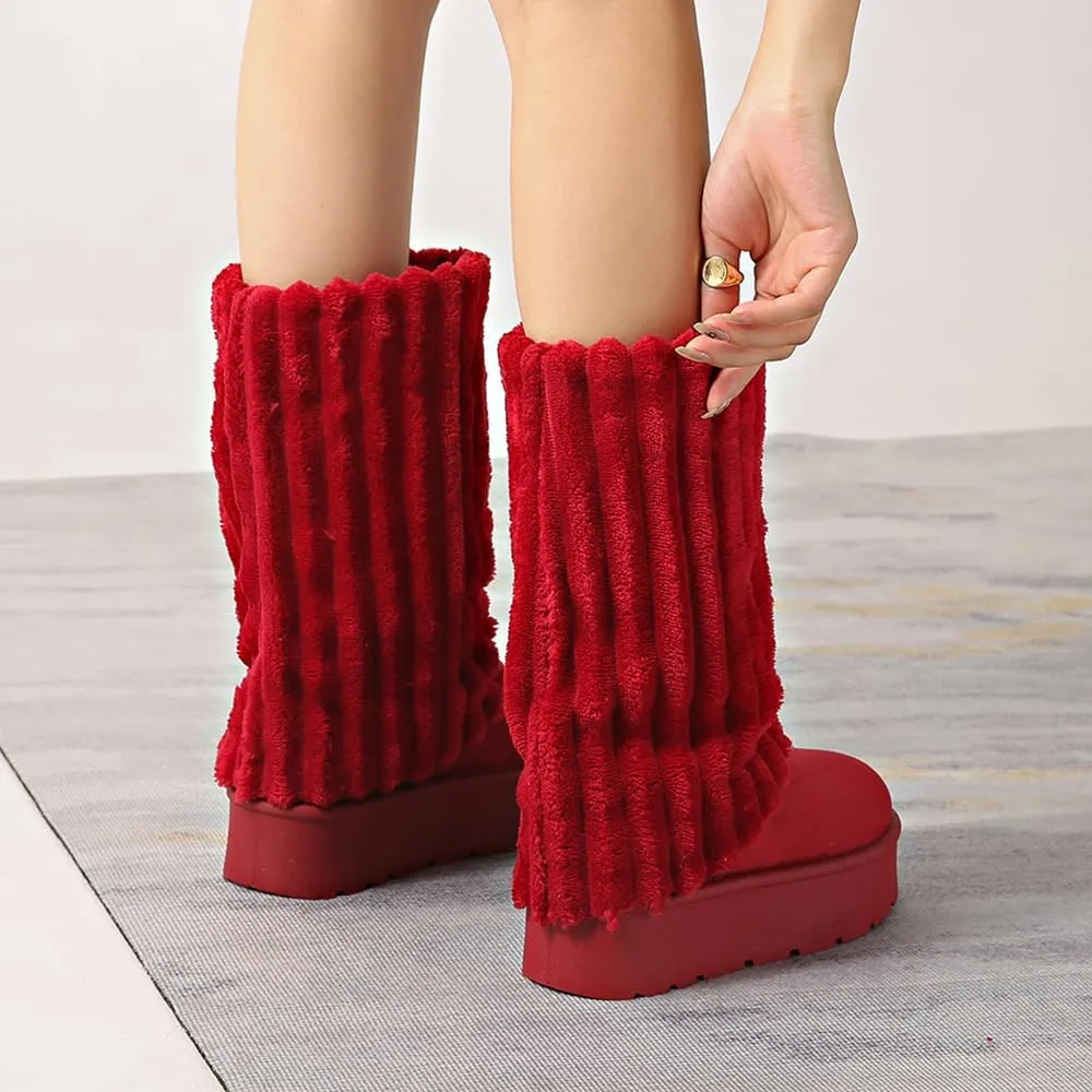 Women's Platform Fur Boots, Fuzzy Fleece Lined Ankle Booties, Anti-Slip