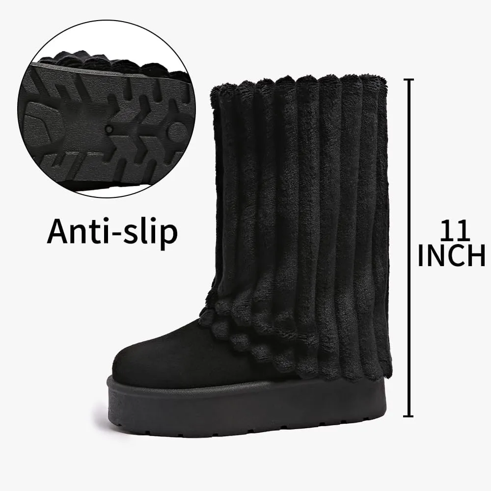 Women's Platform Fur Boots, Fuzzy Fleece Lined Ankle Booties, Anti-Slip