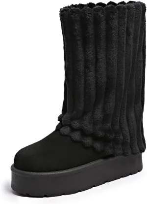Women's Platform Fur Boots, Fuzzy Fleece Lined Ankle Booties, Anti-Slip
