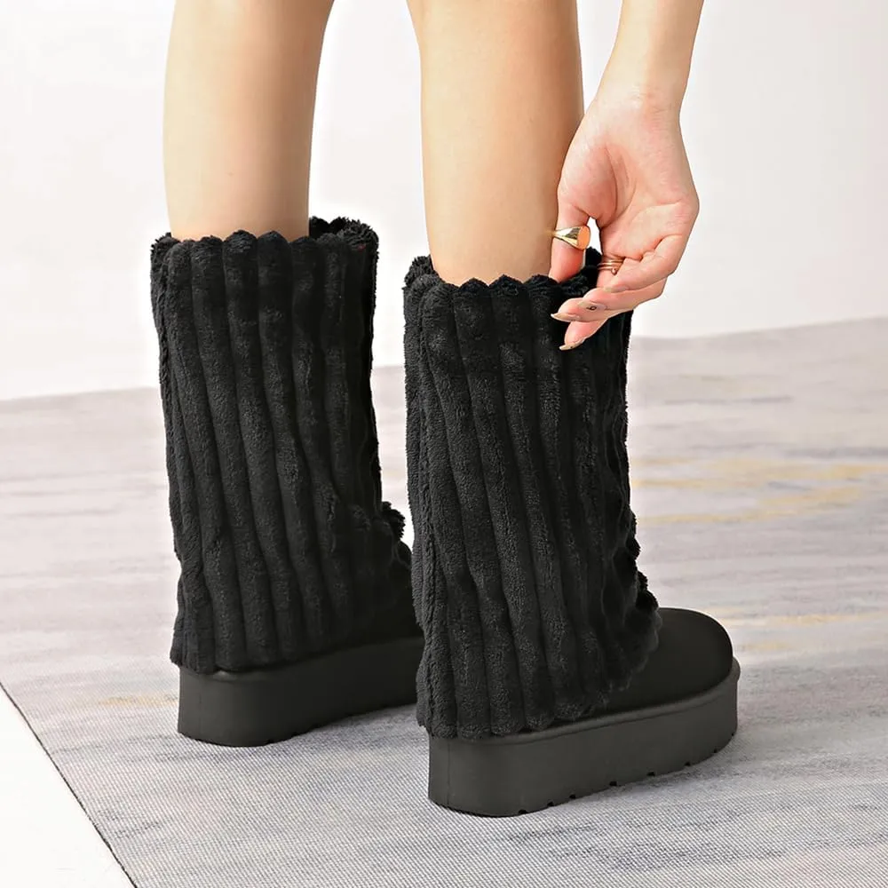 Women's Platform Fur Boots, Fuzzy Fleece Lined Ankle Booties, Anti-Slip