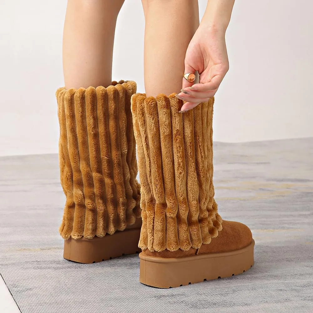 Women's Platform Fur Boots, Fuzzy Fleece Lined Ankle Booties, Anti-Slip