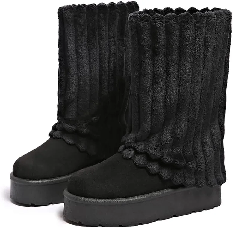 Women's Platform Fur Boots, Fuzzy Fleece Lined Ankle Booties, Anti-Slip