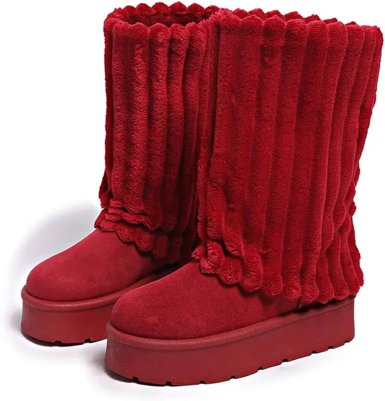 Women's Platform Fur Boots, Fuzzy Fleece Lined Ankle Booties, Anti-Slip