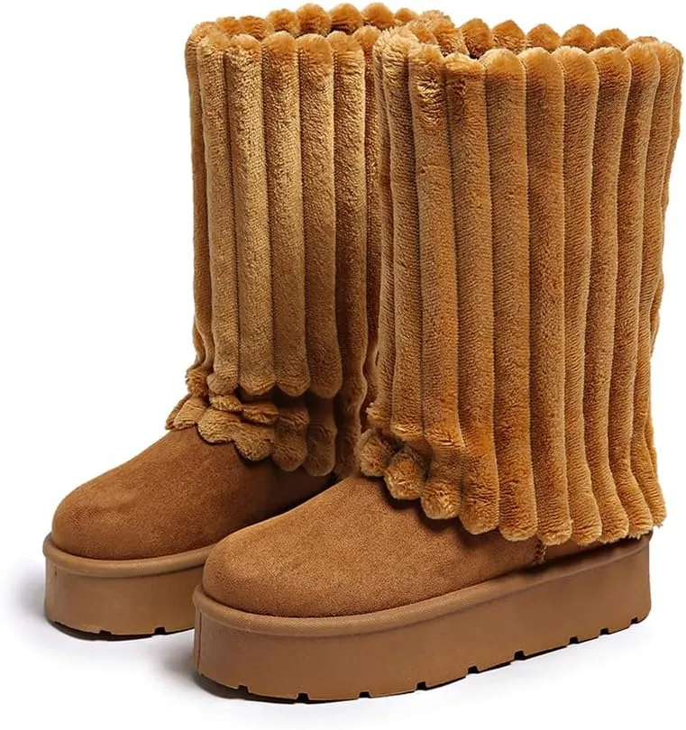Women's Platform Fur Boots, Fuzzy Fleece Lined Ankle Booties, Anti-Slip
