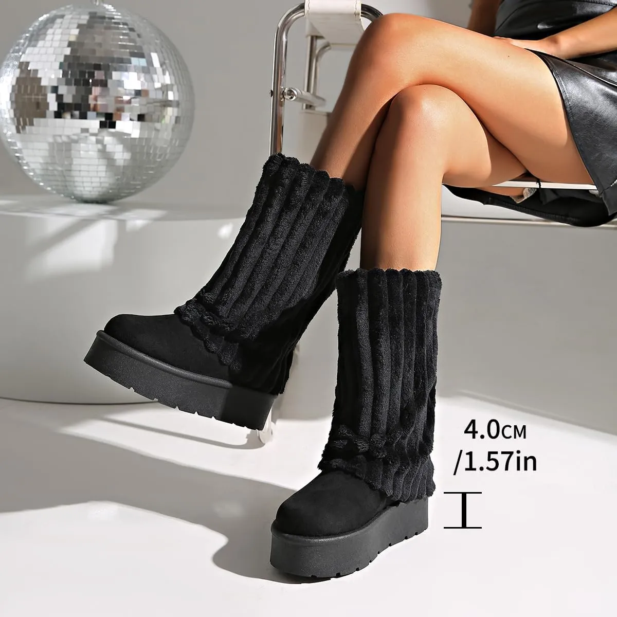 Women's Platform Fur Boots, Fuzzy Fleece Lined Ankle Booties, Anti-Slip