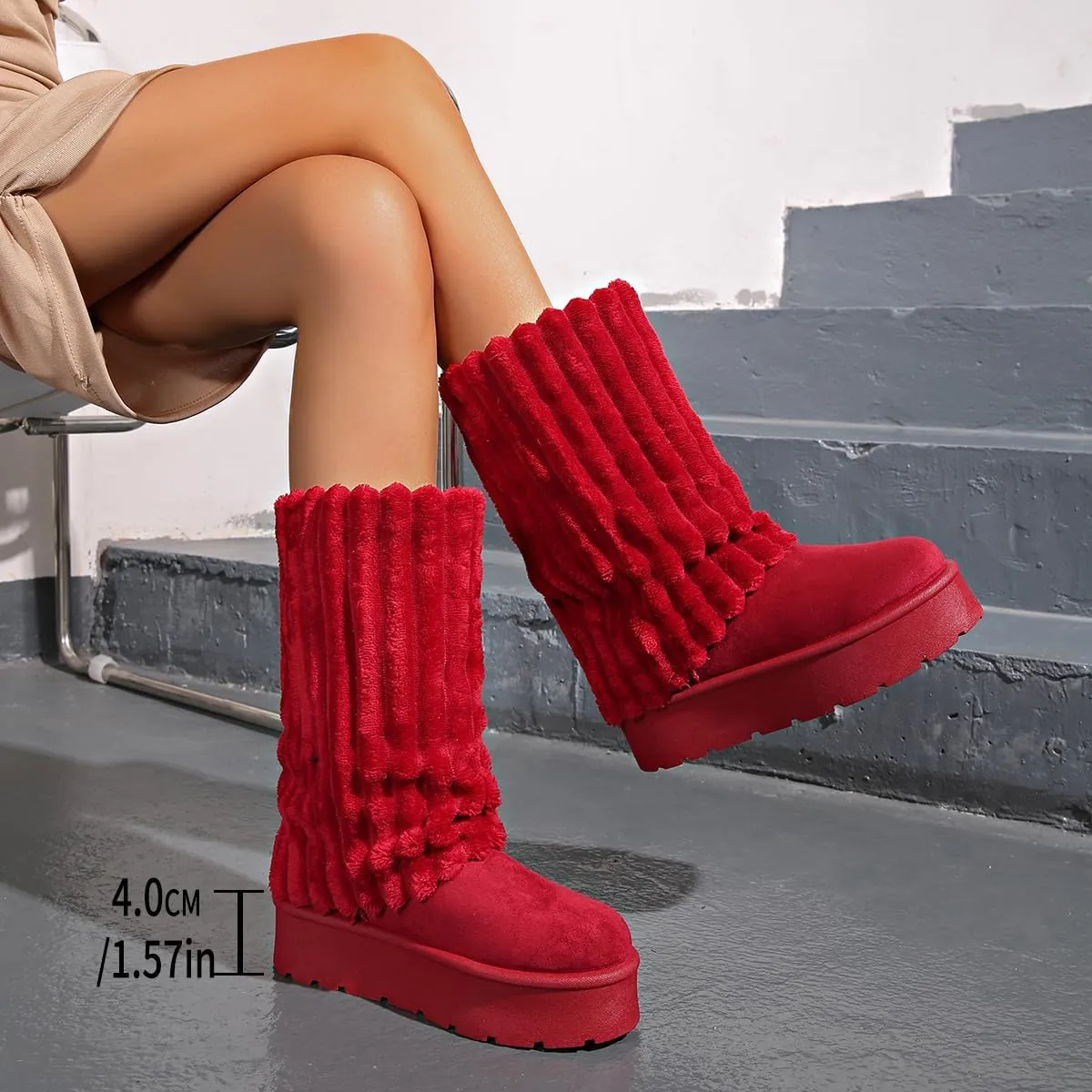 Women's Platform Fur Boots, Fuzzy Fleece Lined Ankle Booties, Anti-Slip