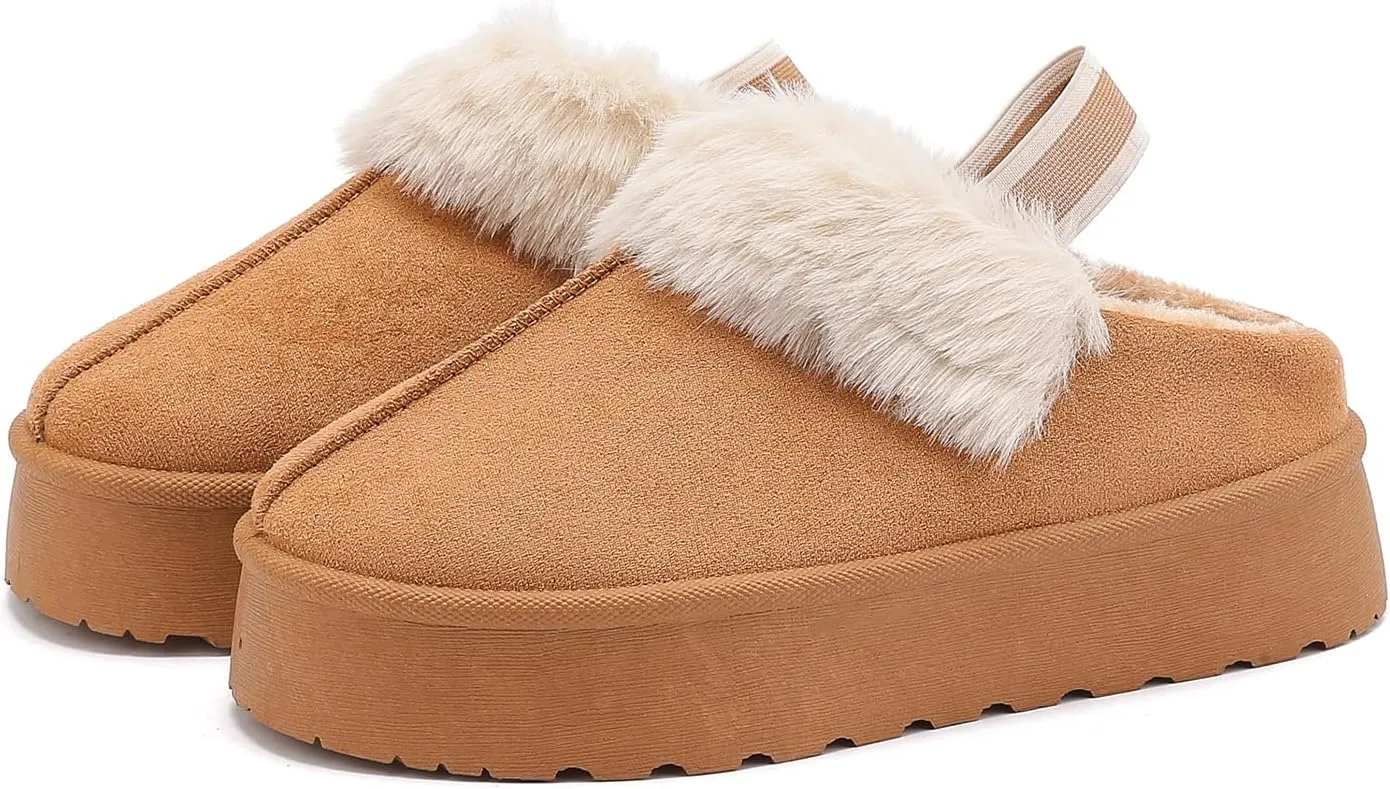 Women's Platform Fuzzy Slippers, Warm Winter Snow Mini Boots with Memory Foam, Fur Fleece Lined House Shoes Indoor and Outdoor