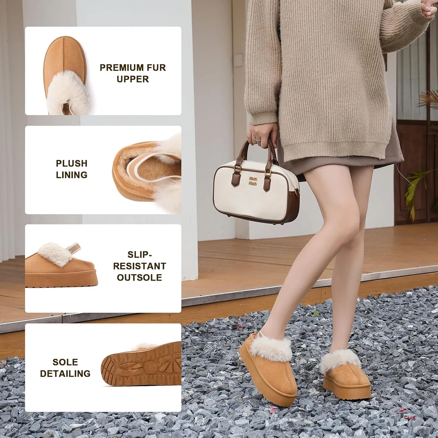 Women's Platform Fuzzy Slippers, Warm Winter Snow Mini Boots with Memory Foam, Fur Fleece Lined House Shoes Indoor and Outdoor