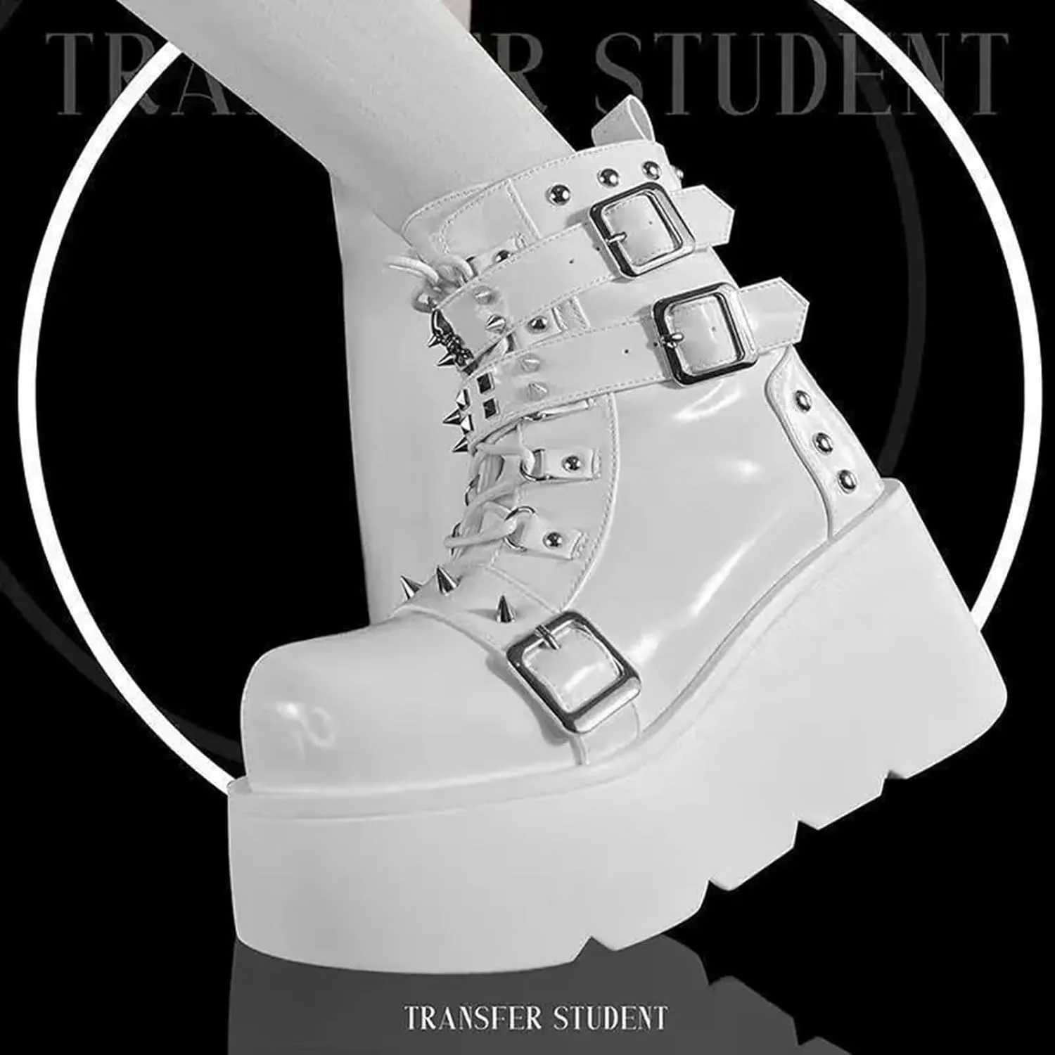 Women's Platform Gothic Ankle Booties with Adjust Studded Buckle Zip Lace Up Wedge Thick Sole Punk Goth Motorcycle Combat Short Boots