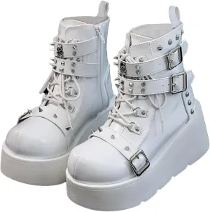 Women's Platform Gothic Ankle Booties with Adjust Studded Buckle Zip Lace Up Wedge Thick Sole Punk Goth Motorcycle Combat Short Boots