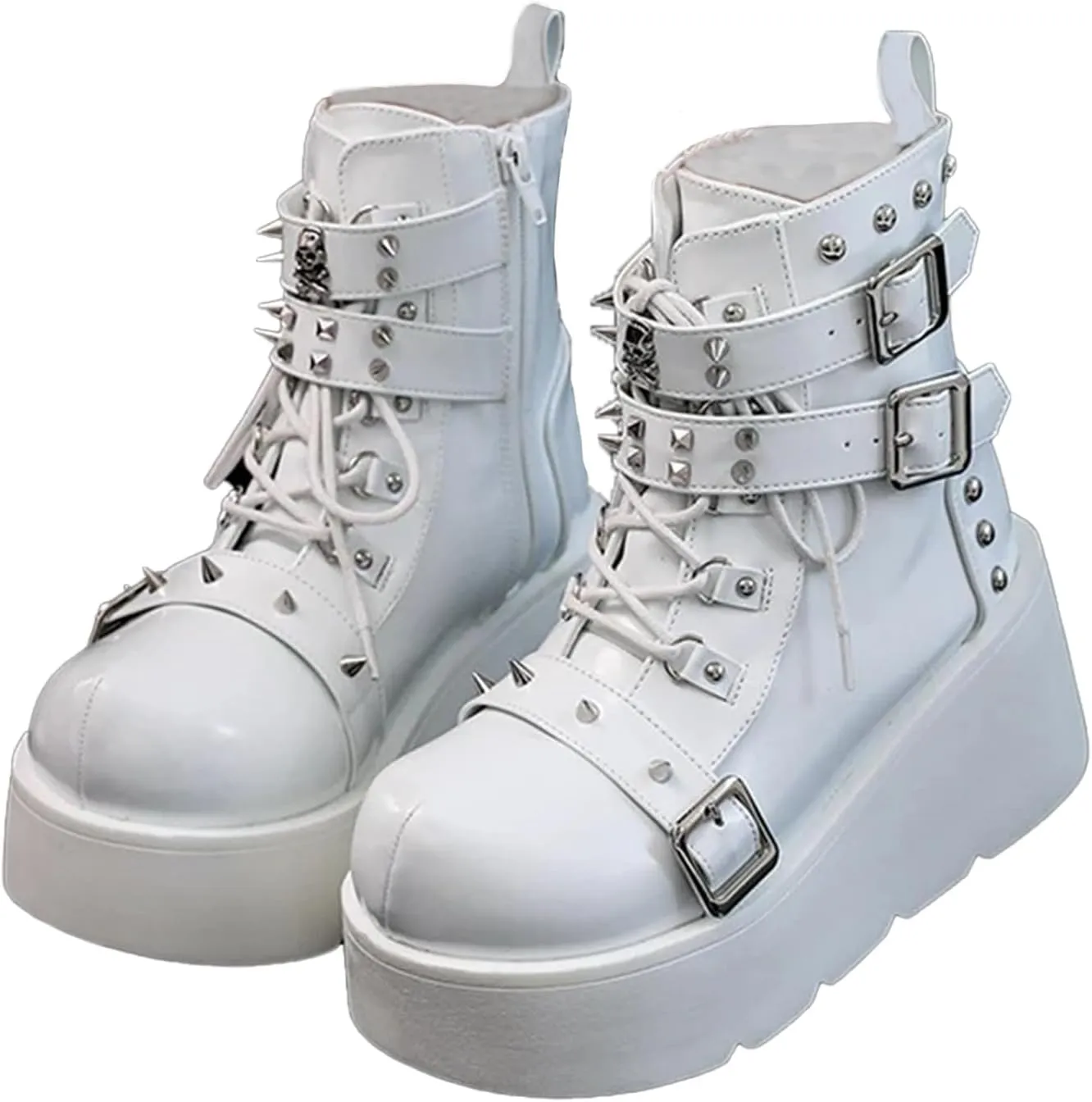 Women's Platform Gothic Ankle Booties with Adjust Studded Buckle Zip Lace Up Wedge Thick Sole Punk Goth Motorcycle Combat Short Boots