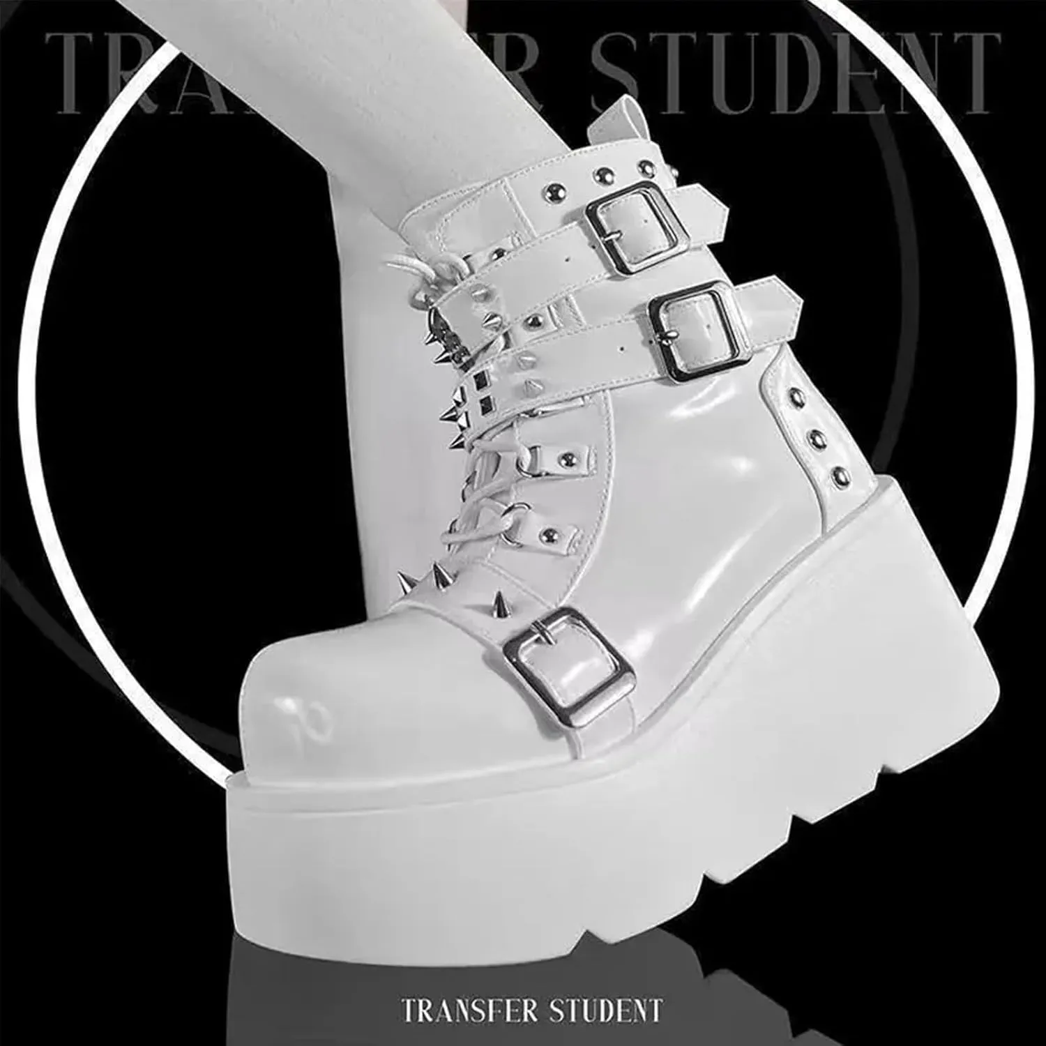 Women's Platform Gothic Ankle Booties With Adjust Studded Metal Buckle Fashion Y2k Zip Lace Up Wedge Thick Sole Punk Motorcycle Combat Short Boots