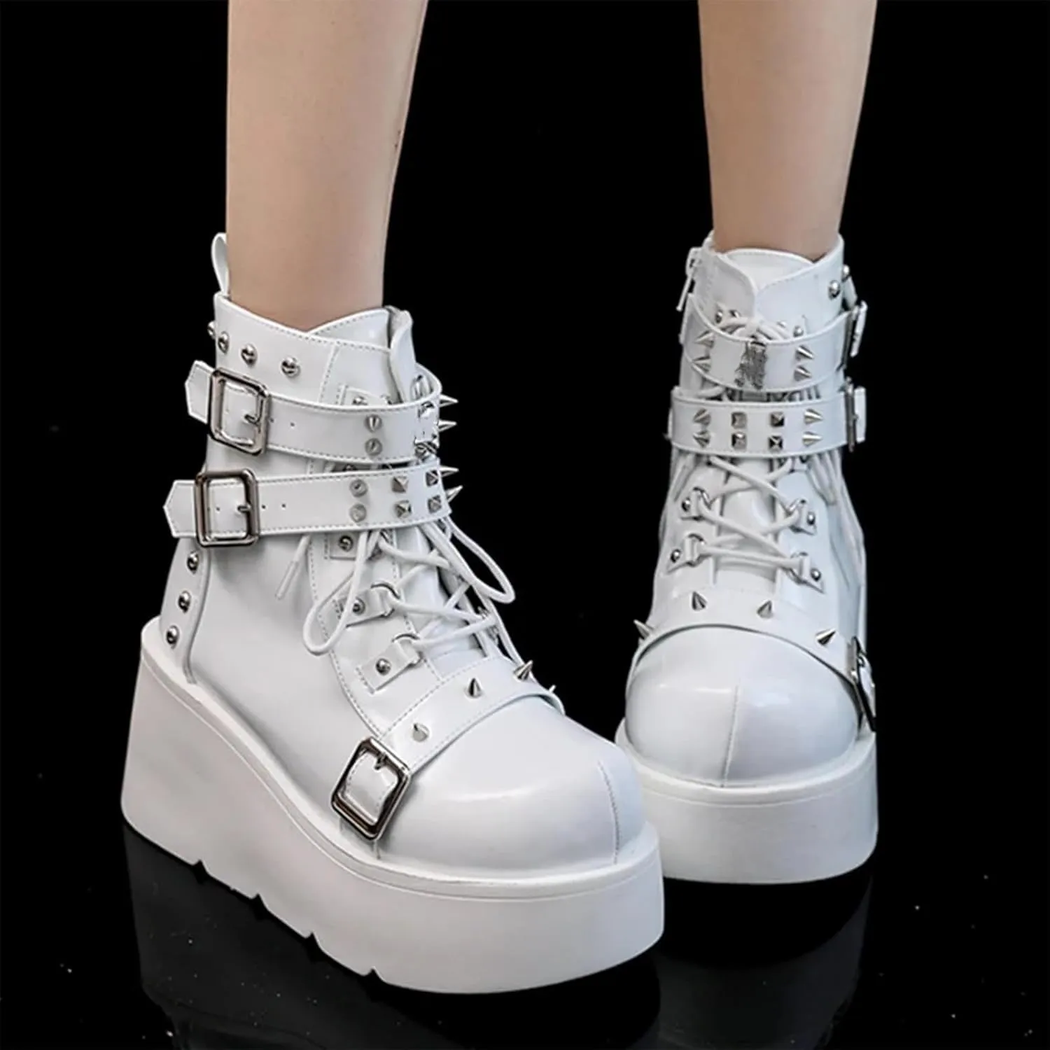 Women's Platform Gothic Ankle Booties With Adjust Studded Metal Buckle Fashion Y2k Zip Lace Up Wedge Thick Sole Punk Motorcycle Combat Short Boots