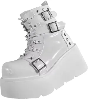 Women's Platform Gothic Ankle Booties With Adjust Studded Metal Buckle Fashion Y2k Zip Lace Up Wedge Thick Sole Punk Motorcycle Combat Short Boots
