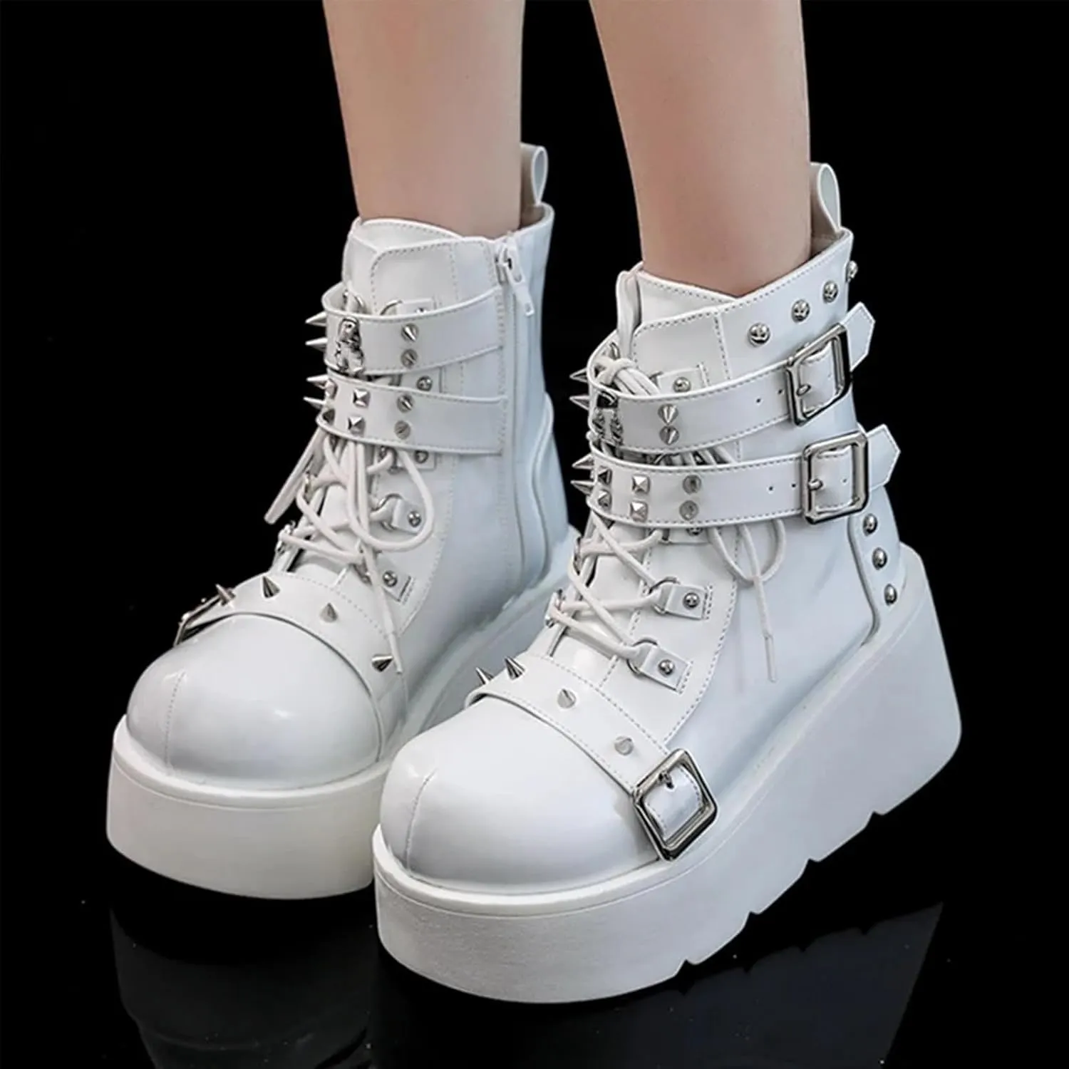 Women's Platform Gothic Ankle Booties With Adjust Studded Metal Buckle Fashion Y2k Zip Lace Up Wedge Thick Sole Punk Motorcycle Combat Short Boots