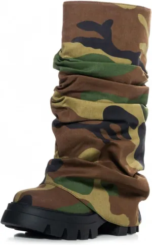Women's Platform Round Toe fold Camo Boots Mid Calf Thick Heel Buckle Fashion Shark Boots