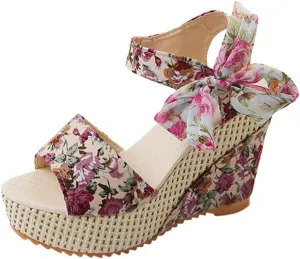 Women's Platform Sandals Wedge Open Toe Ankle Strap Lace Wedding Bridesmaid Shoes Bohemia Comfortable Low Heel Rhinestone