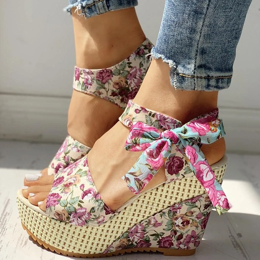 Women's Platform Sandals Wedge Open Toe Ankle Strap Lace Wedding Bridesmaid Shoes Bohemia Comfortable Low Heel Rhinestone