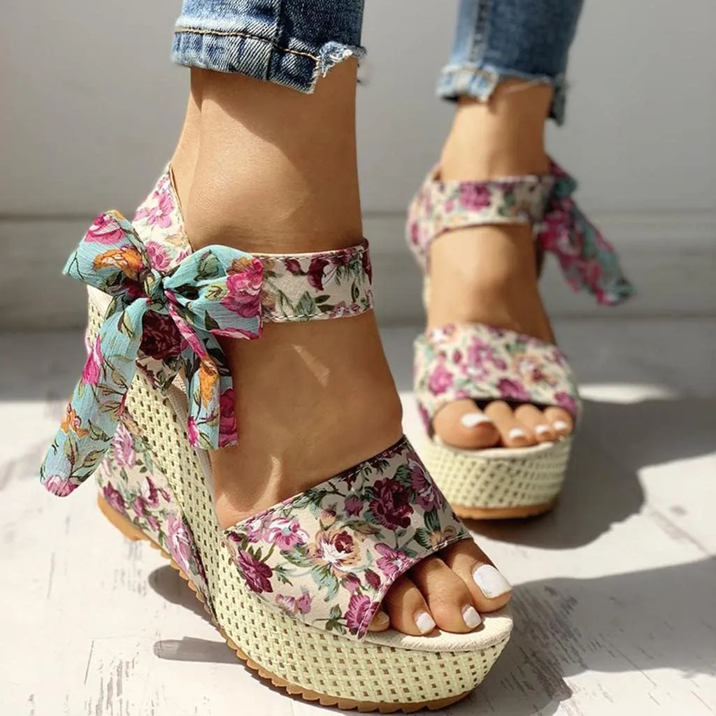 Women's Platform Sandals Wedge Open Toe Ankle Strap Lace Wedding Bridesmaid Shoes Bohemia Comfortable Low Heel Rhinestone