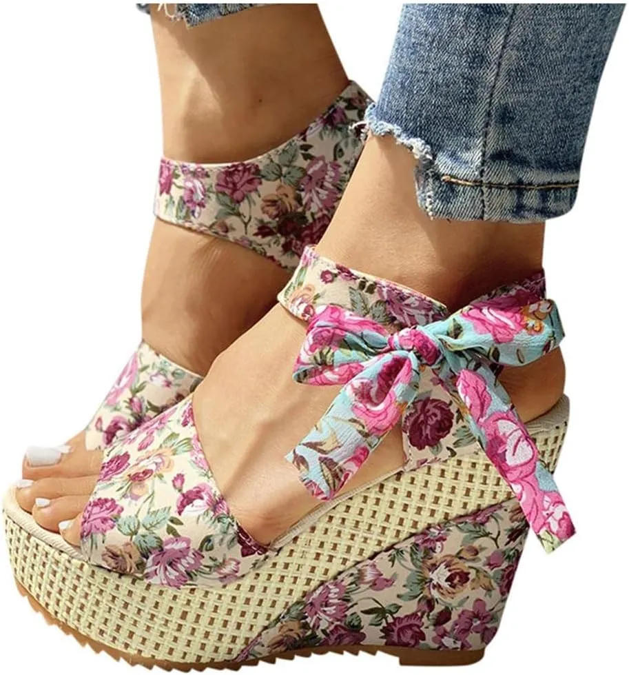 Women's Platform Sandals Wedge Open Toe Ankle Strap Lace Wedding Bridesmaid Shoes Bohemia Comfortable Low Heel Rhinestone