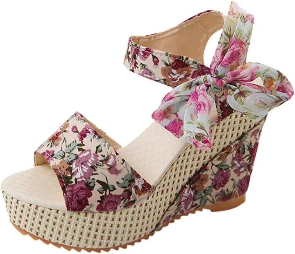 Women's Platform Sandals Wedge Open Toe Ankle Strap Lace Wedding Bridesmaid Shoes Bohemia Comfortable Low Heel Rhinestone