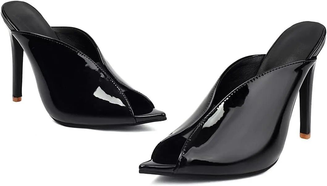 Women's Pointed Peep Toe Mules - V-Cut Design Stiletto High Heel Slip-On Sandals for Sexy Party or Evening Events Shoes for Women