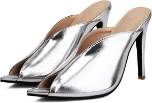 Women's Pointed Peep Toe Mules - V-Cut Design Stiletto High Heel Slip-On Sandals for Sexy Party or Evening Events Shoes for Women