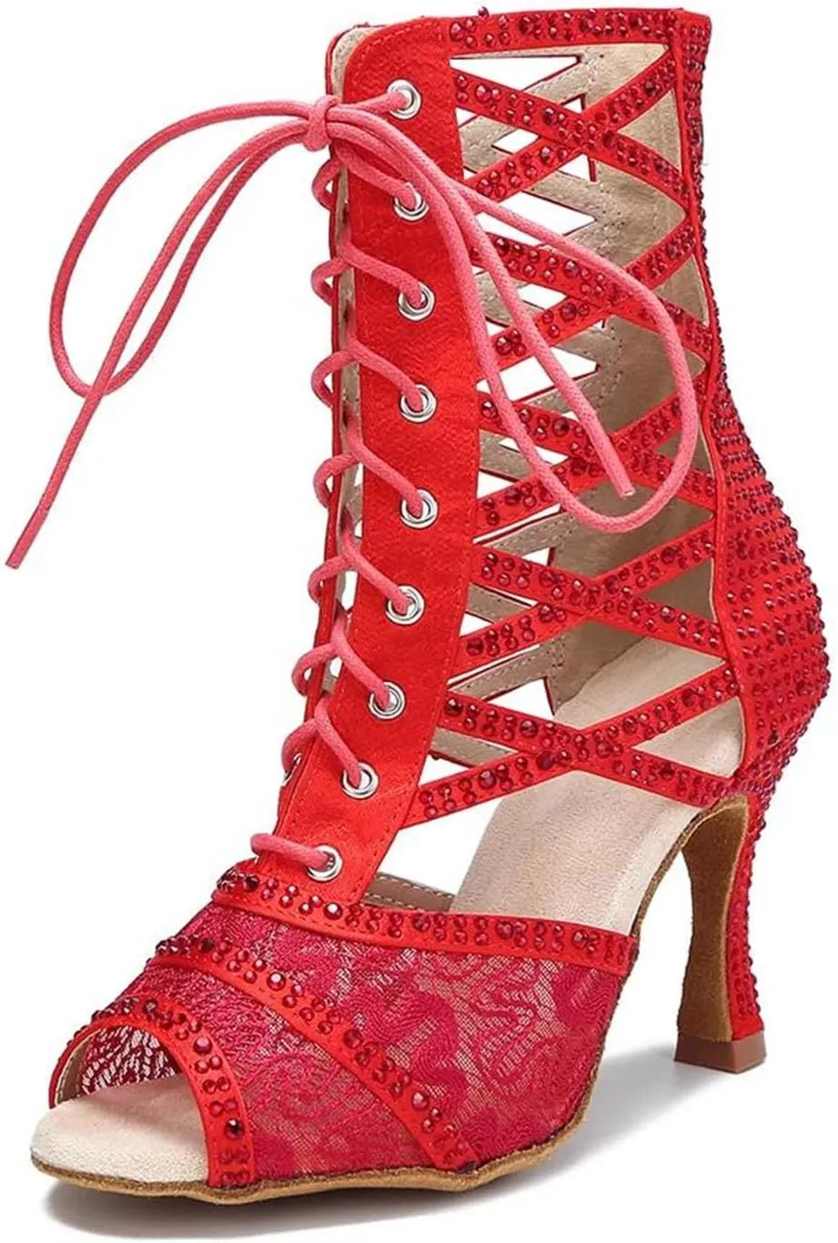 Women's Red Velvet Reception Sandals - Embroidered Heels with Silk Ribbons for Bridal Showers (7.5CM/2.95")