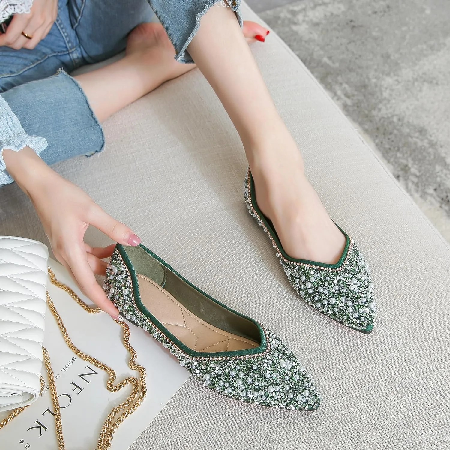 Women's Rhinestone Flats Elegant Bow Knot Glitter Ballet Flats Dress Pearl Wedding Shoes Pointed Toe Slip On Loafers for Women