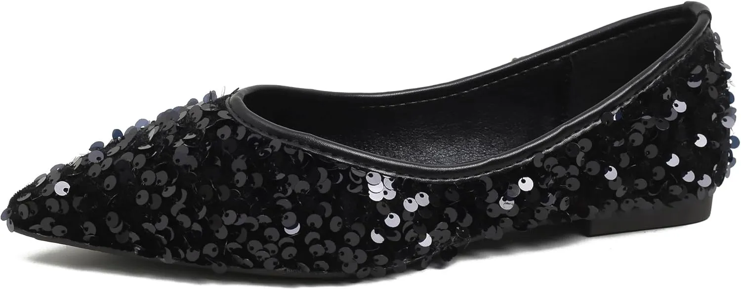 Women's Rhinestone Flats Elegant Bow Knot Glitter Ballet Flats Dress Pearl Wedding Shoes Pointed Toe Slip On Loafers for Women