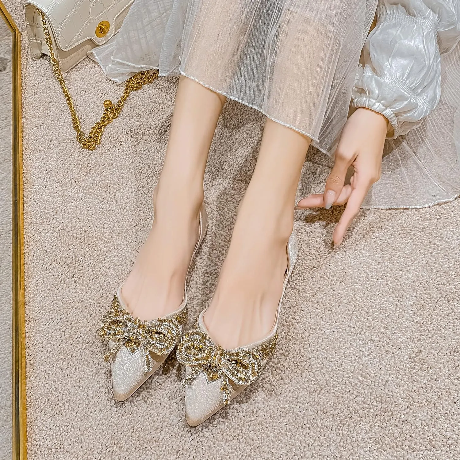 Women's Rhinestone Flats Elegant Bow Knot Glitter Ballet Flats Dress Pearl Wedding Shoes Pointed Toe Slip On Loafers for Women