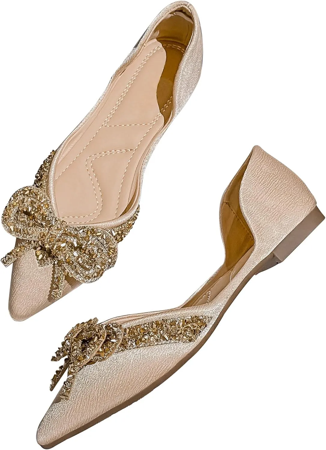 Women's Rhinestone Flats Elegant Bow Knot Glitter Ballet Flats Dress Pearl Wedding Shoes Pointed Toe Slip On Loafers for Women