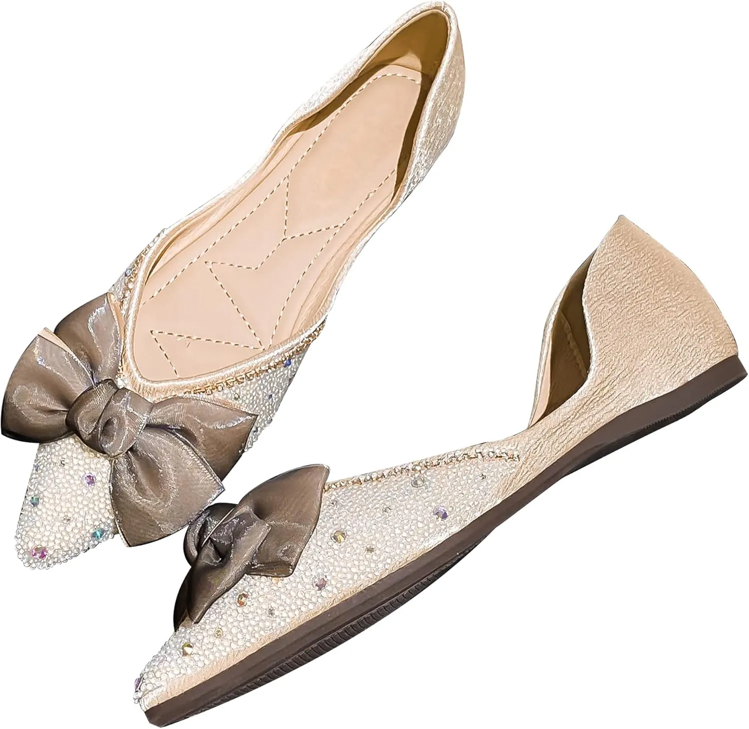 Women's Rhinestone Flats Elegant Bow Knot Glitter Ballet Flats Dress Pearl Wedding Shoes Pointed Toe Slip On Loafers for Women