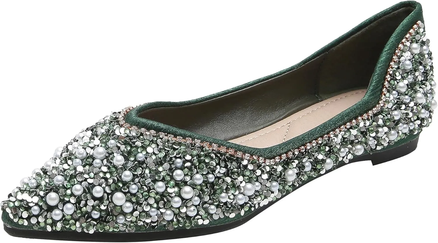 Women's Rhinestone Flats Elegant Bow Knot Glitter Ballet Flats Dress Pearl Wedding Shoes Pointed Toe Slip On Loafers for Women