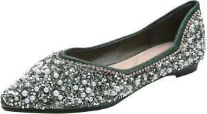 Women's Rhinestone Flats Elegant Bow Knot Glitter Ballet Flats Dress Pearl Wedding Shoes Pointed Toe Slip On Loafers for Women