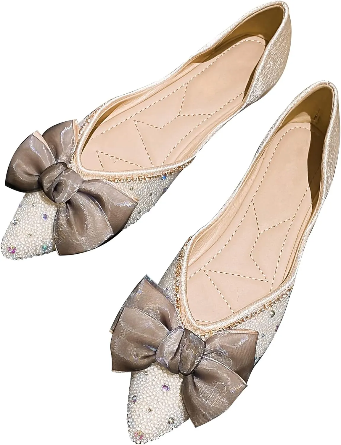 Women's Rhinestone Flats Elegant Bow Knot Glitter Ballet Flats Dress Pearl Wedding Shoes Pointed Toe Slip On Loafers for Women