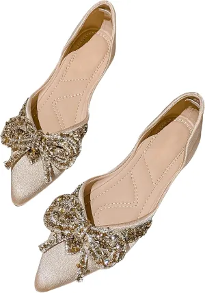 Women's Rhinestone Flats Elegant Bow Knot Glitter Ballet Flats Dress Pearl Wedding Shoes Pointed Toe Slip On Loafers for Women