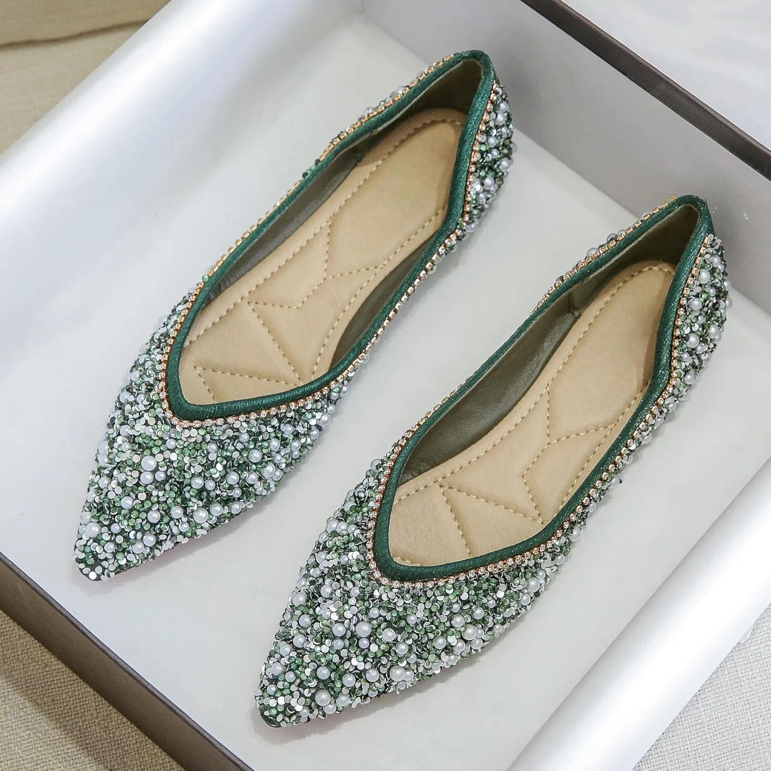Women's Rhinestone Flats Elegant Bow Knot Glitter Ballet Flats Dress Pearl Wedding Shoes Pointed Toe Slip On Loafers for Women
