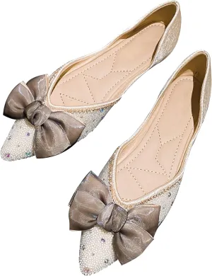 Women's Rhinestone Flats Elegant Bow Knot Glitter Ballet Flats Dress Pearl Wedding Shoes Pointed Toe Slip On Loafers for Women