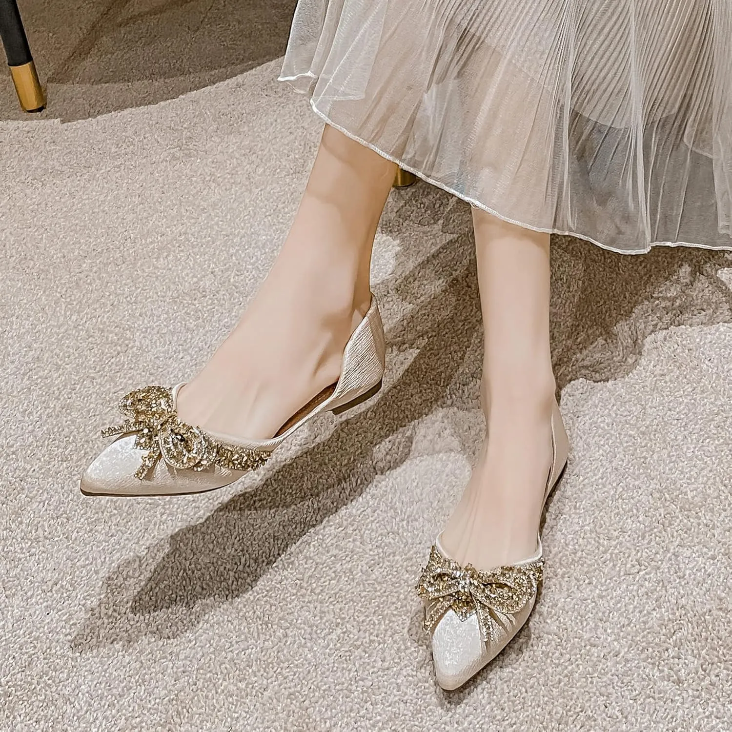 Women's Rhinestone Flats Elegant Bow Knot Glitter Ballet Flats Dress Pearl Wedding Shoes Pointed Toe Slip On Loafers for Women
