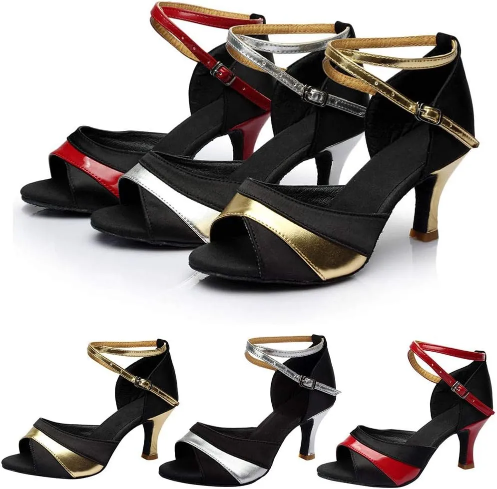 Womens Sandals Buckle Latin Dance Shoes Suede Sole Wedding Performance Dance Summer Open Toe Mid Heels Shoes