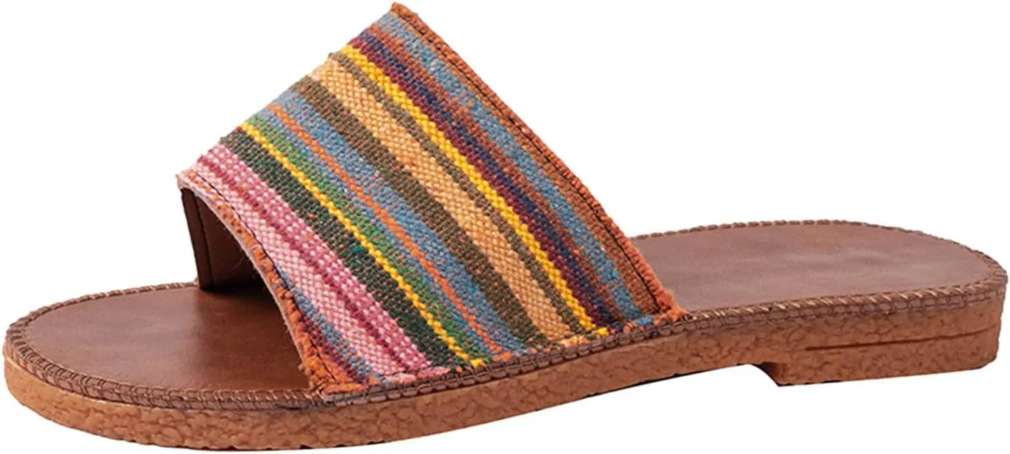 Women's Sandals Dressy Ladies Fashion Summer Multicolour Stripe Printed Cloth Open Toe Casual Flat Slippers
