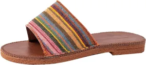 Women's Sandals Dressy Ladies Fashion Summer Multicolour Stripe Printed Cloth Open Toe Casual Flat Slippers