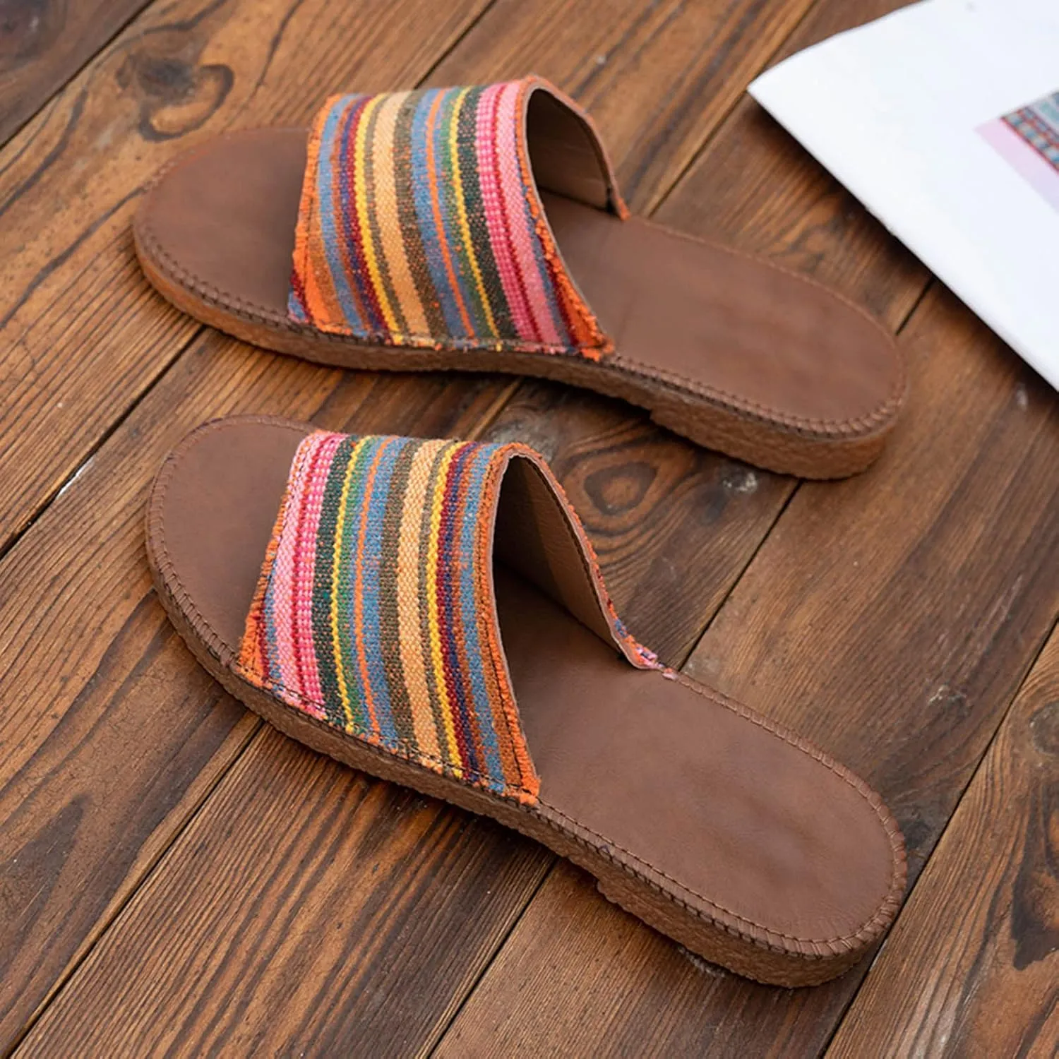 Women's Sandals Dressy Ladies Fashion Summer Multicolour Stripe Printed Cloth Open Toe Casual Flat Slippers